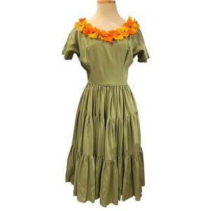 Vtg Square Dance Dress Size XS Olive Green 3D Floral Tiki Retro Handmade Unique